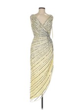 NEW MAC DUGGAL Nude Silver Sequined Faux Wrap Sleeveless Midi Dress - Style 5757