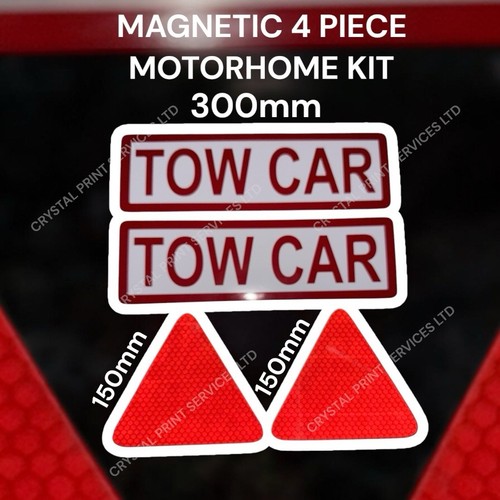 TOW CAR Motorhome Sign 4 Piece Kit Magnetic Rubber + 2 Reflective Triangles - Bild 1 von 3