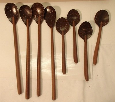 Lot of 8 Hand-carved Coconut Shell Spoons