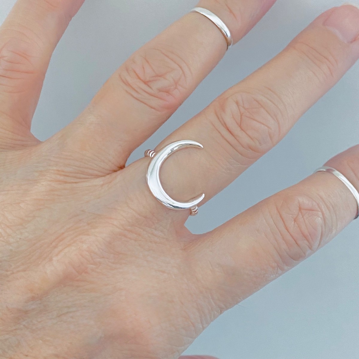 ⑧ROSE＆MOONリング Silver925 Sterling Silver Large Crescent Moon Ring with Rope Band, Celestial