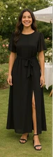 Baltic Born Women's Size Large Black Belted Side Slit Chiffon Maxi Dress Lined