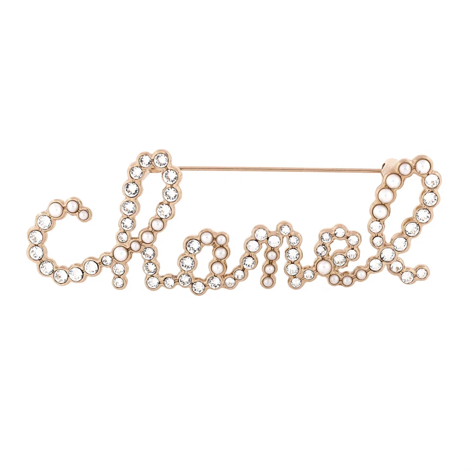 Chanel Swirling Logo Brooch Metal with Crystal and Faux Pearls