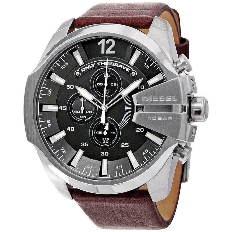 NEW DIESEL MEGA CHIEF DZ4290 BLACK/SILVER/BROWN LEATHER