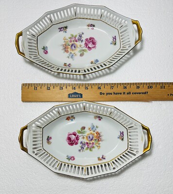 Two East German Porcelain Candy Dishes - Purple Flowers Gold Trim Latice Edge