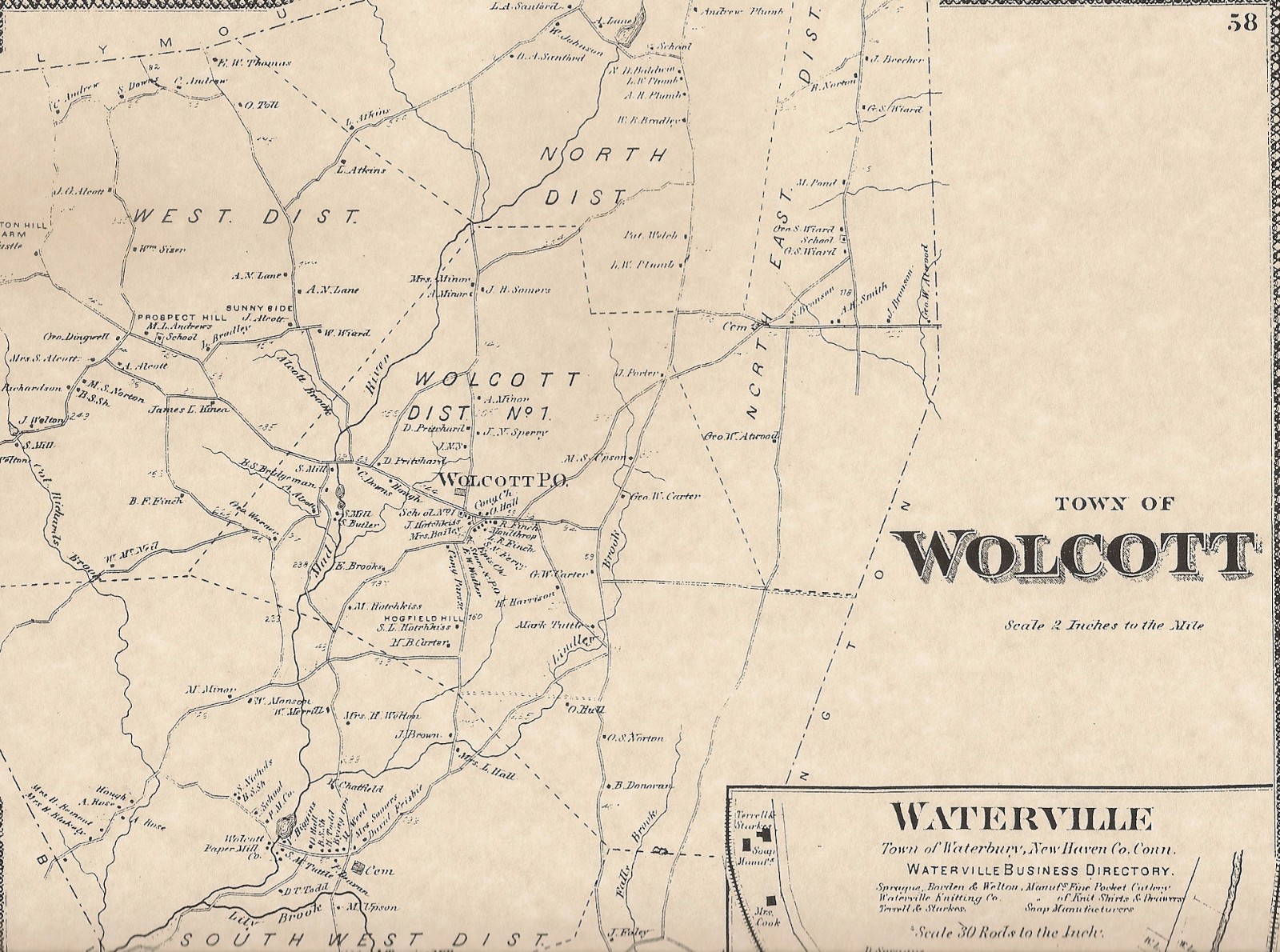 Wolcott Waterville CT 1868 Map with Homeowners Names Shown