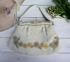 Vintage Belgium Fold Over Floral Seed Glass Beaded Hand Clutch Purse 9.5x6.5 SEE