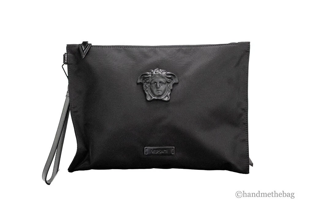 Versace — Versace Large Black Nylon Fabric Medusa Convertible Pouch Clutch Wristlet Bag