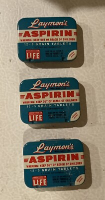 Vintage Advertising Medicine Laymon's Aspirin (3) Tins 12 Tablets NOS Drug Store