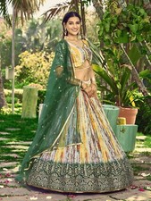 Stylish Look Chinnon Silk Lehenga Choli With Green Dupatta For Indian Reception