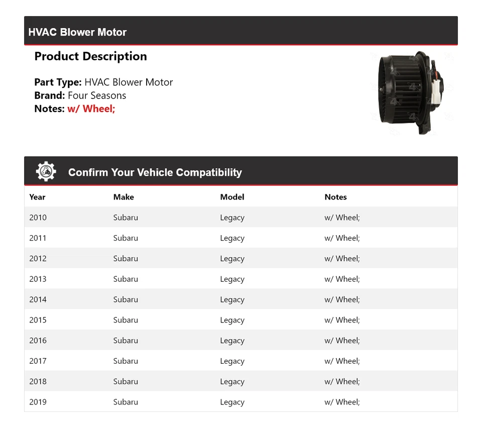 For 2010-2019 Subaru Legacy HVAC Blower Motor 4 Seasons 2011 2012 2013 2014 2015 - Image 2 of 4