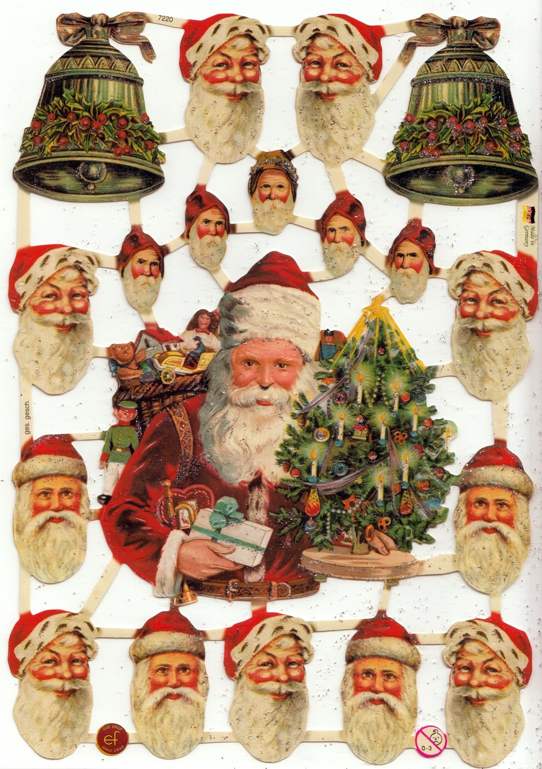 Glanzbilder Oblaten ~ Ef 7420 Weihnachtsmotive Glocken Zapfen