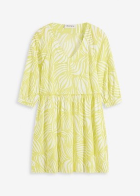 Tunika-Kleid aus fließender Viskose Gr. 46 Zitrusgelb Wollweiß Minikleid Neu