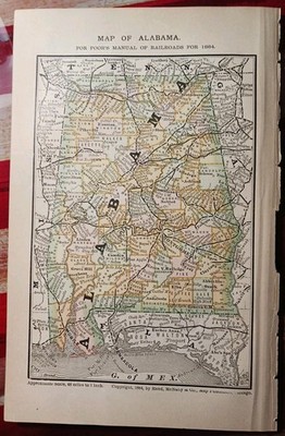 1884 datierte Eisenbahnkarte ALABAMA mehrfarbig alte Eisenbahnlinien Strecken Depots Städte