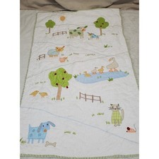 Pottery Barn Kids White Green Striped Cottontail Farmyard Friend Baby Crib Quilt