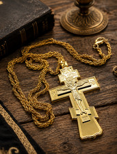 24KT Gold Plated Brass Pectoral Crucifix Cross Pendant and 48 1/2" Chain