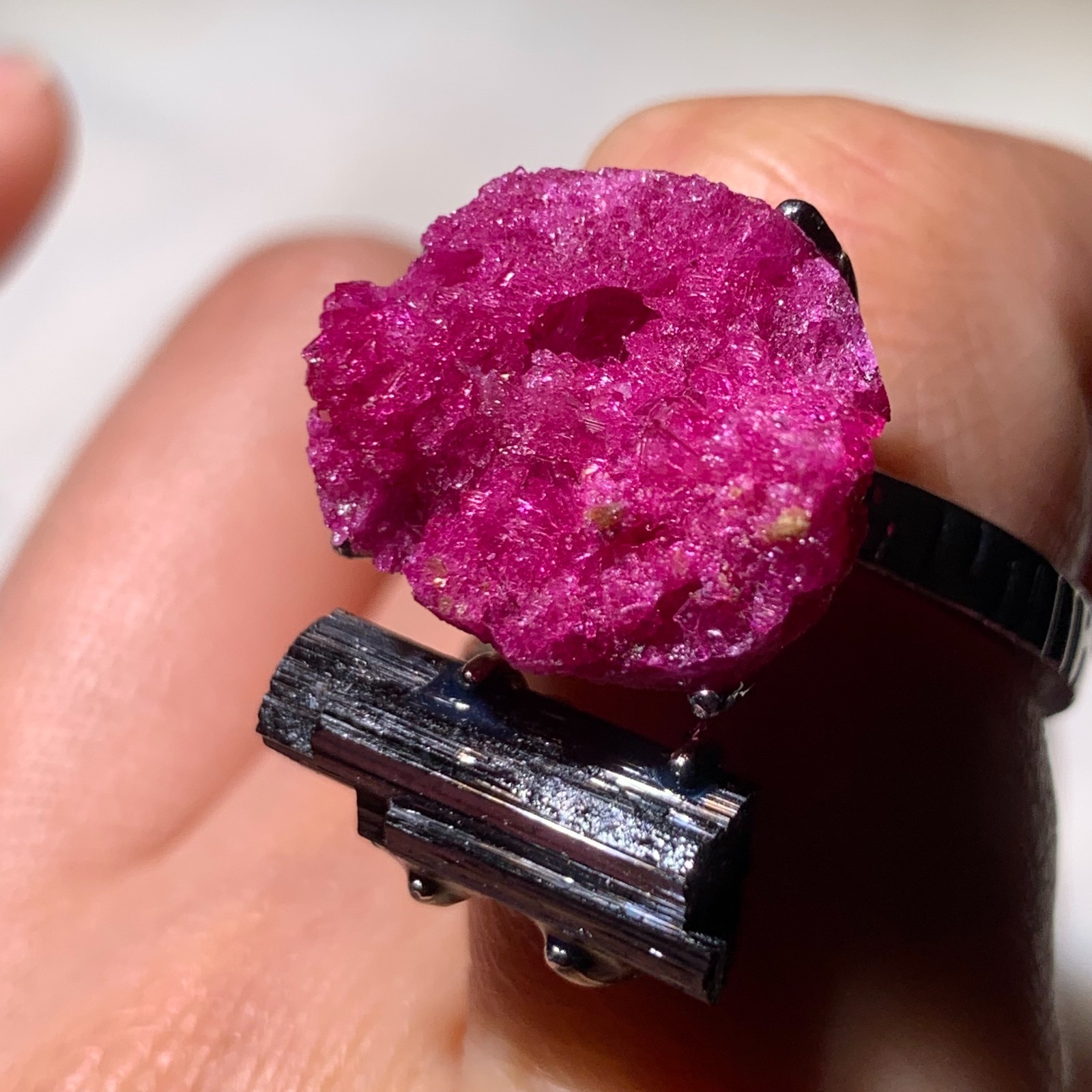 Raw Ruby&Black Tourmaline Handmade white copper Adjustable Ring