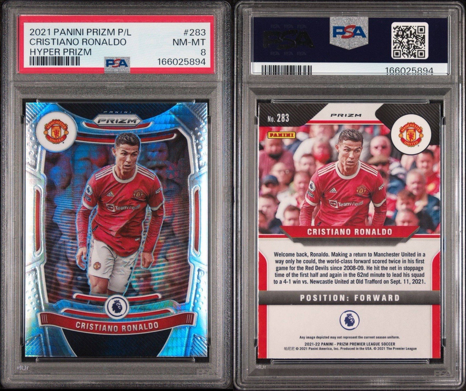 2021 Panini Prizm Premier League Cristiano Ronaldo Prizm Hyper #283 Man U PSA 8 view 3