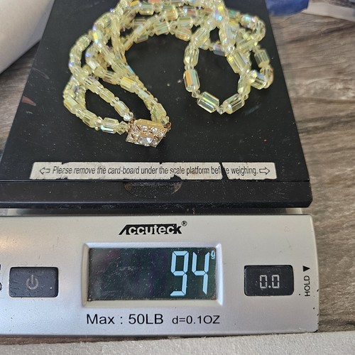 Vtg 50s Yellow Green Aurora Borealis Crystal Necklace 3 Strand Art Deco Style 18 - Picture 11 of 11