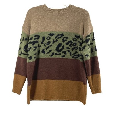Womens Sweater Size M  Colorblock Leopard Print Winter Earthy Boho Soft