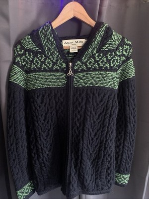 Aran Mor Ireland Womens Small Blue Cable Knit Wool Full Zip  Sweater