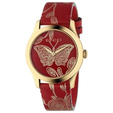 Gucci G-Timeless YA1264054 Women's Red Butterfly Dial Leather Band Watch