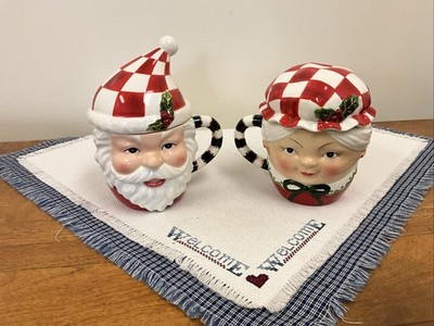 NEW 16 0z MacKenzie-Childs Set Of Mr. & Mrs. Claus Mugs, Both With Lids