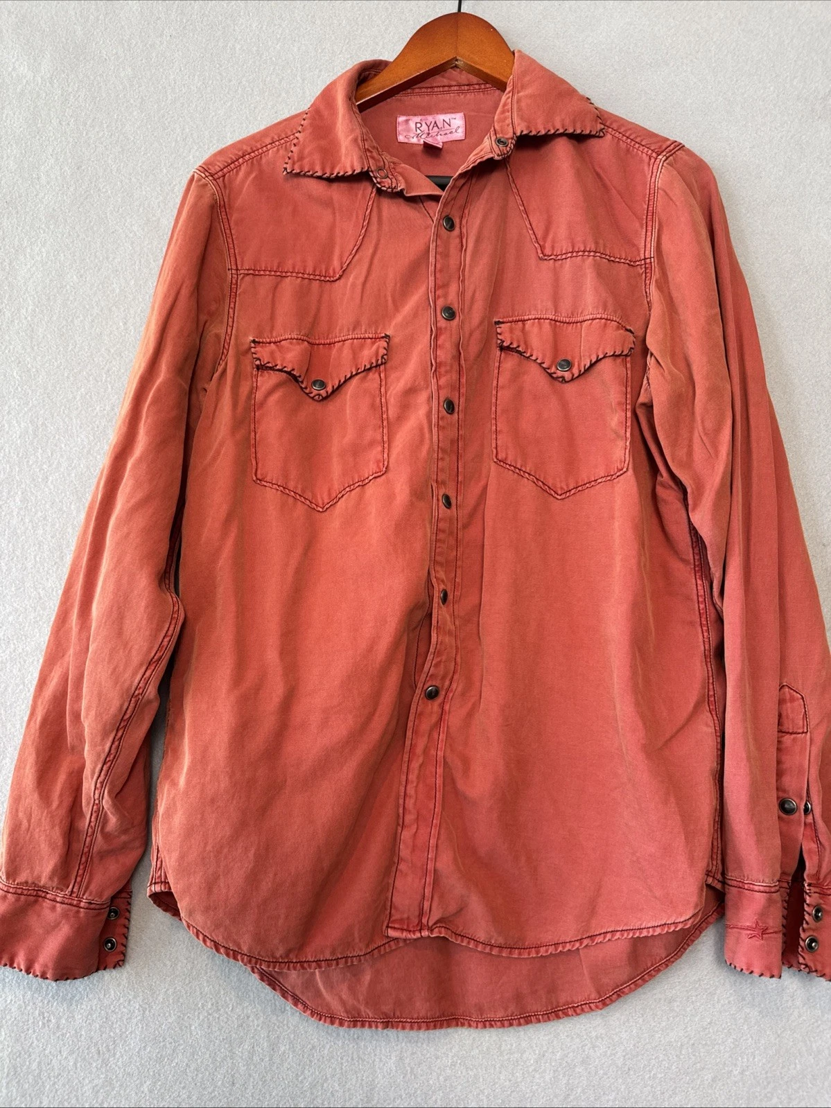 Ryan Michael Shirt Mens Red Pearl Snap Silk Blend Western sz Small Vintage