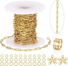 23 Ft Gold Chain for Jewelry Making, 18K Gold Plated Stainless Steel Oval Paperc