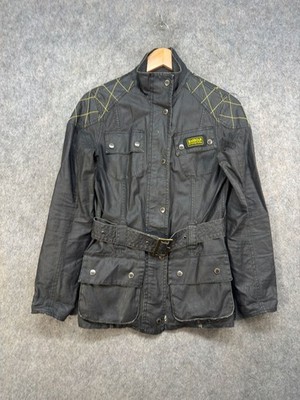 Barbour Jacke Gr. UK10 schwarz Leinen wattiert Gürtel Vintage Duralinen Biker