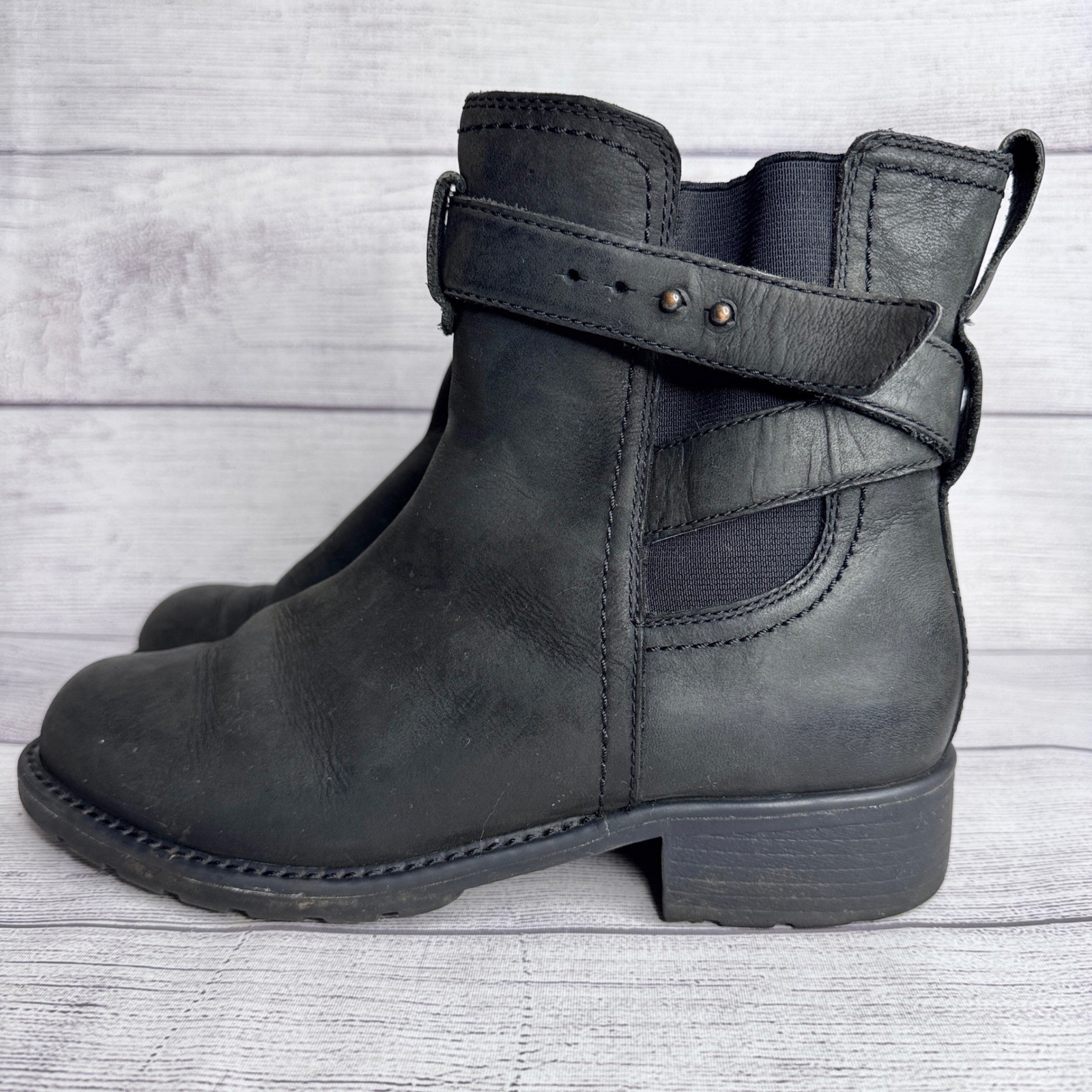 Clarks Womens Black Leather Ankle Moto Boots Side Zip Buckle 60936 Size 8.5M