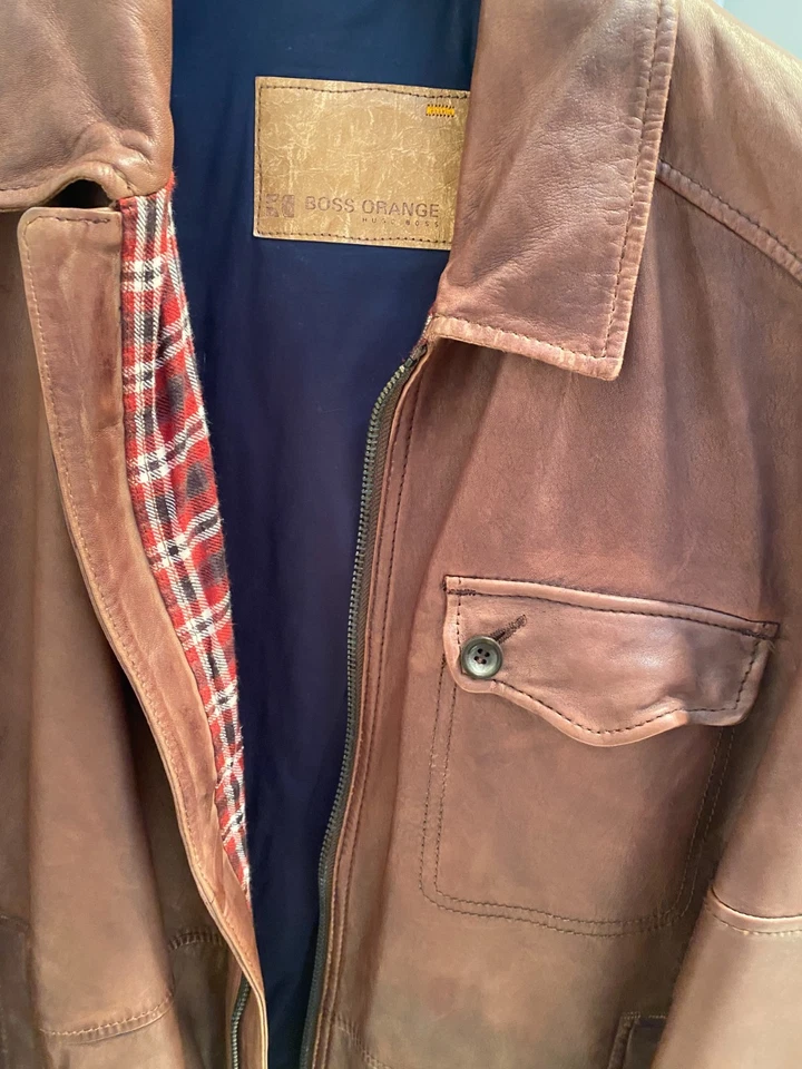 Mens vintage brown leather Hugo Boss bomber jacket XL (52) - Image 3 of 4