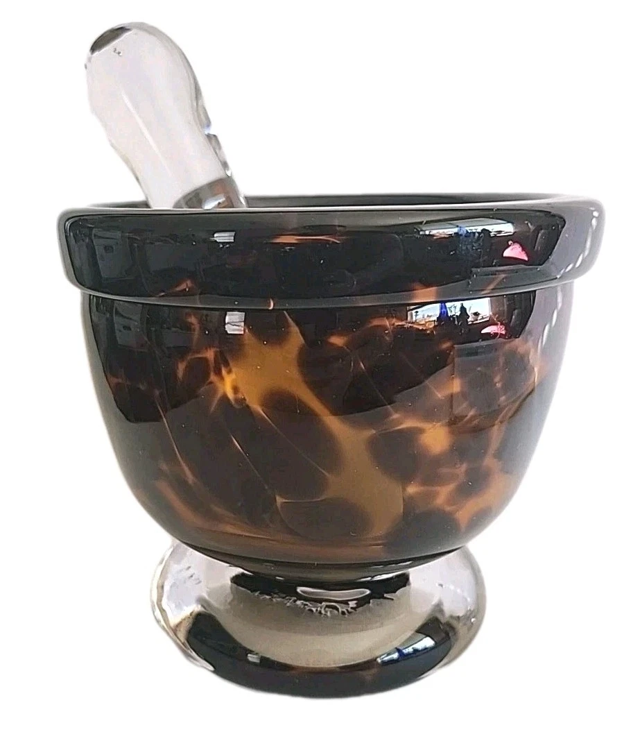 Contemporary Art Glass Mortar & Pestle Set Tortoise Shell Clear Base 5 1/8"