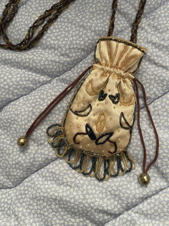 Bolso de Hombro De Colección Gitano con Cuentas Cordón Mini Dorado Satinado Marrón Boho NUEVO Foto 2 de 4