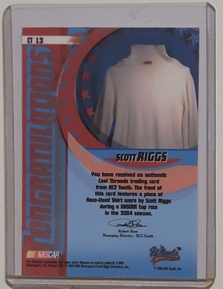 Scott Riggs NASCAR 2004 Wheels Cool Threads Race Used Shirt Relic Card ...