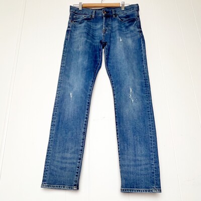 H&M &Denim Distressed Slim Low Waist Button Fly Pocket Jeans