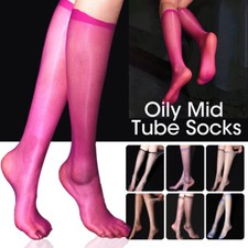 Unisex Women Men 1D Sheer Oil Shiny Stockings Hosiery Under Knee Calf Socks