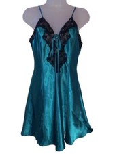 Vintage 90's Fredericks Of Hollywood Teal Satin Black Lace Flirty Skirt Lingerie