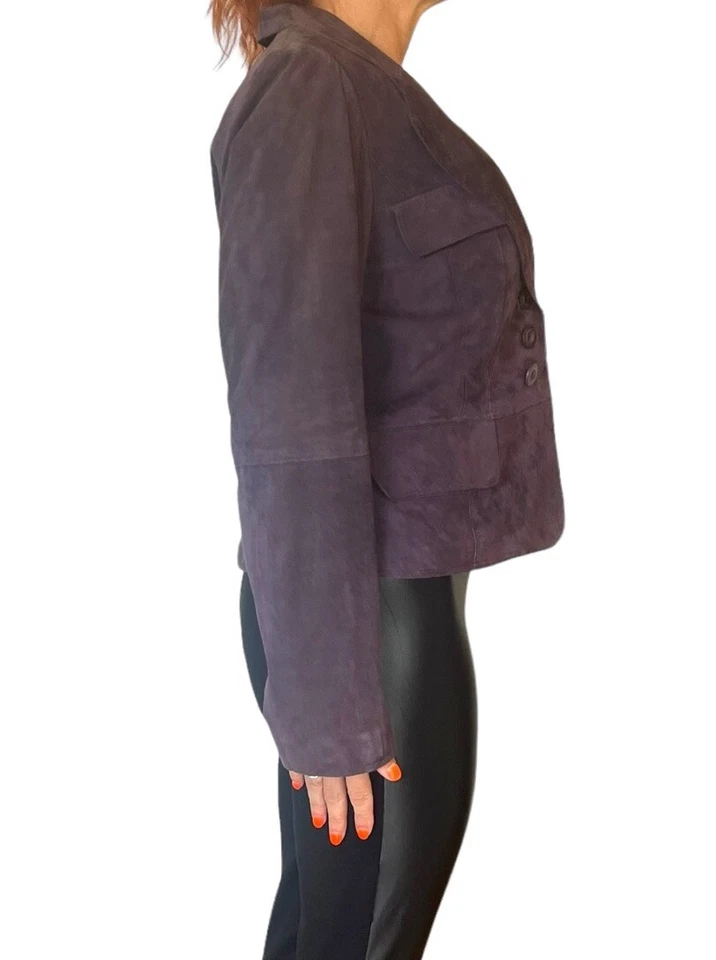 CHAQUETA BLAZER VINTAGE ST. JOHN GAMUZA PÚRPURA CROP 3 BOTONES FORRADA SEDA MED 8/10 Foto 4 de 4