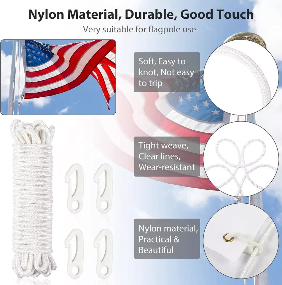 Flag Rope 50 Feet Flag Pole Halyard Rope and Clips Kit 4 Pieces Nylon ...