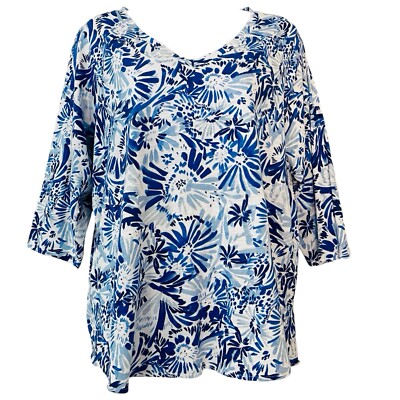 Joie Blue White Watercolor Floral 100% Cotton 3/4 Sleeve V-neck  Tunic Top