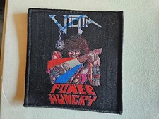 VICTIM, POWER HUNGRY, SEW ON BLACK BORDER WOVEN PATCH