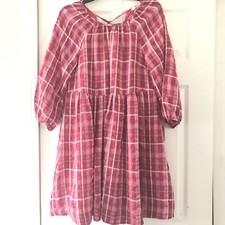 Madewell Pink Sz XS White Plaid Shirred Babydoll Mini Dress