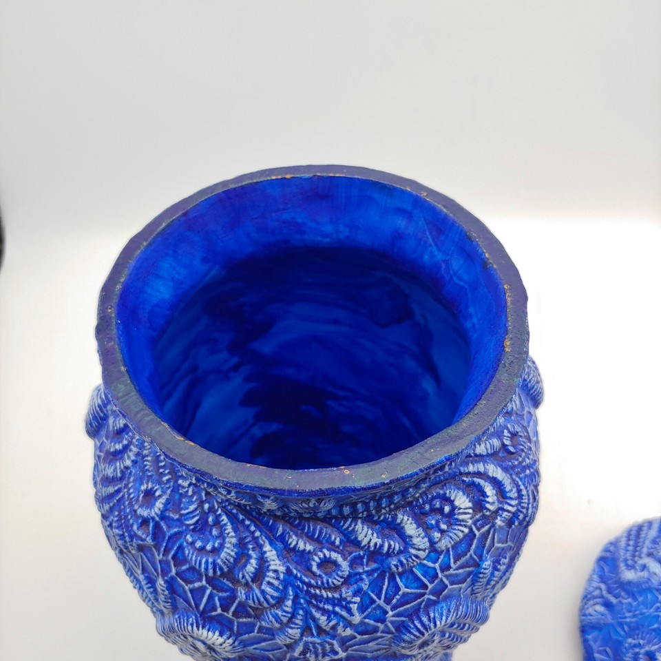 Ornate Floral Leaves Pottery Jar w Lid 12" Large Tall Bright Blue