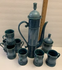 VTG Japan Ceramic Coffee Tea Set Oversized Tall Teapot Creamer Sugar & Cups Blue