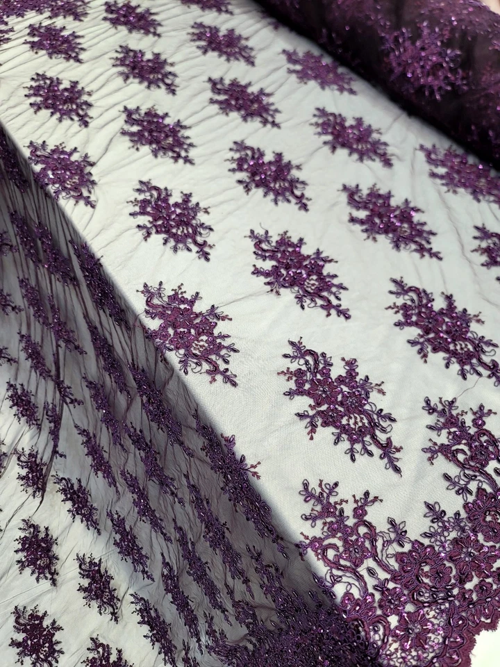 Purple Beaded Sequins Embroidery Bridal Lace Fabric 50” W Sold By The Yard - Image 3 of 4