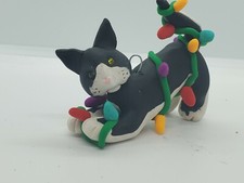 BLACK and WHITE CAT Christmas Ornament TANGLED IN LIGHTS Stretching HAND MADE