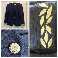 St. John Evening Marie Gray Jacket Blue White Embroidery Crystal Beaded Size 8