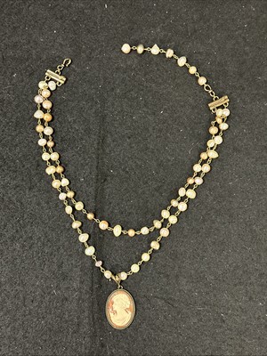 Vintage Extasia Cameo & Freshwater Pearl Double Strand Necklace 16 -19.75  