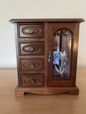 Vtg Wood Jewelry Music Box Armoire Wardrobe Style Drawers Glass Sold As Is