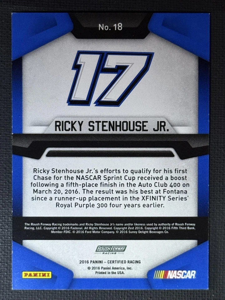 2016 Panini Certified #18 Ricky Stenhouse Jr. Mirror Silver /99 Racing - Image 2 of 2